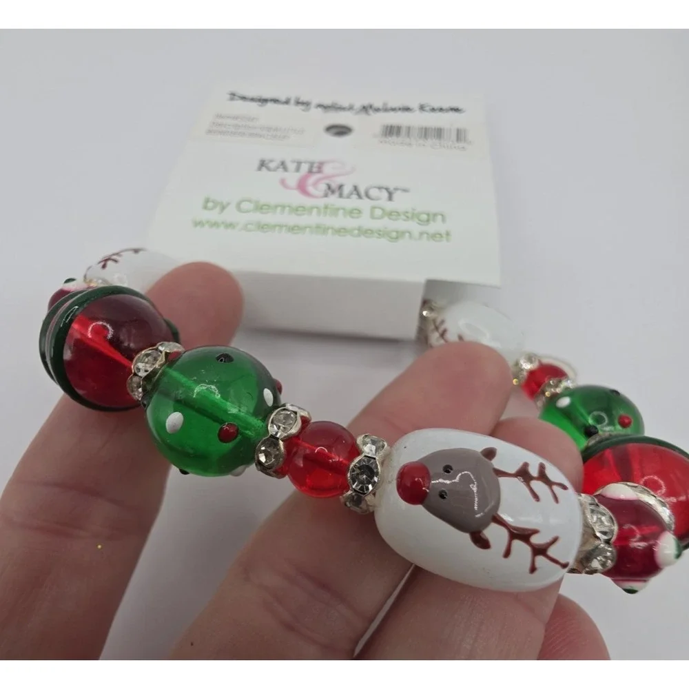 Kate & Macy Bracelet Glass Beads Christmas-Themed Hand Painted Stretch NEW‎